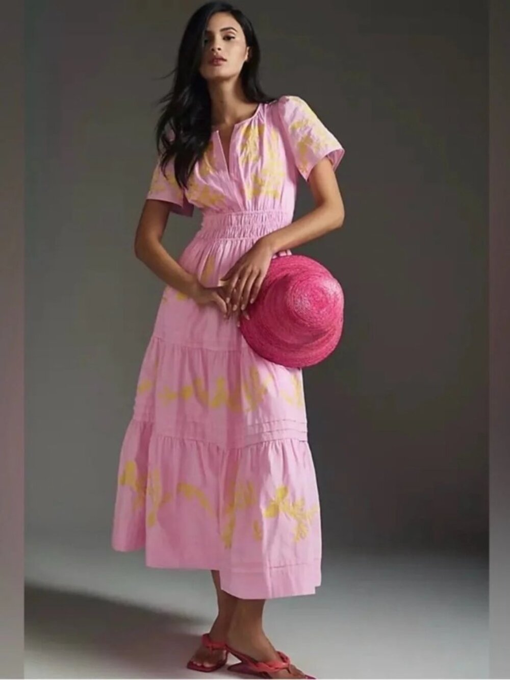 Anthropologie The Somerset Pink Yellow Floral Embroidered Maxi Dress MEDIUM
